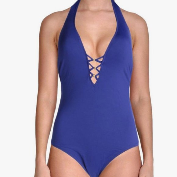 Trina Turk Algiers Deep V Neck Lattice Back Strappy Front One Piece - Picture 2 of 16